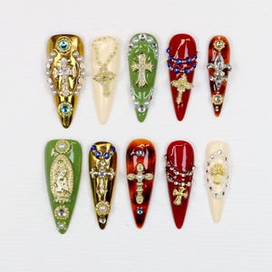 Virgin Mary Cross Press On Nails: Handpainted Stiletto Nail Set