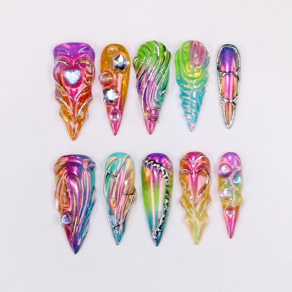 Gothic Long Stiletto Press On Nails,Handpainted Fake Nail,Custom 3D Metallic Silver and Rainbow colors Aurora Nail Art,Punk Rock,Goth nail