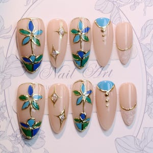 Luxury Stained Glass Press On Nails,Elegant Gold Shimmer & Blue Green Nail Art,Elegant Handcrafted Nail Fake Nails,Floral Transparent Nails