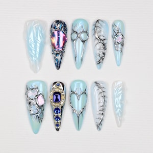 Elegant Metallic Fake Nails,Gothic Long Stiletto Press On Nails,Dark Glam Nail,Custom 3D Silver Chrome,Punk Rock Nails,Gothic-Inspried Nails