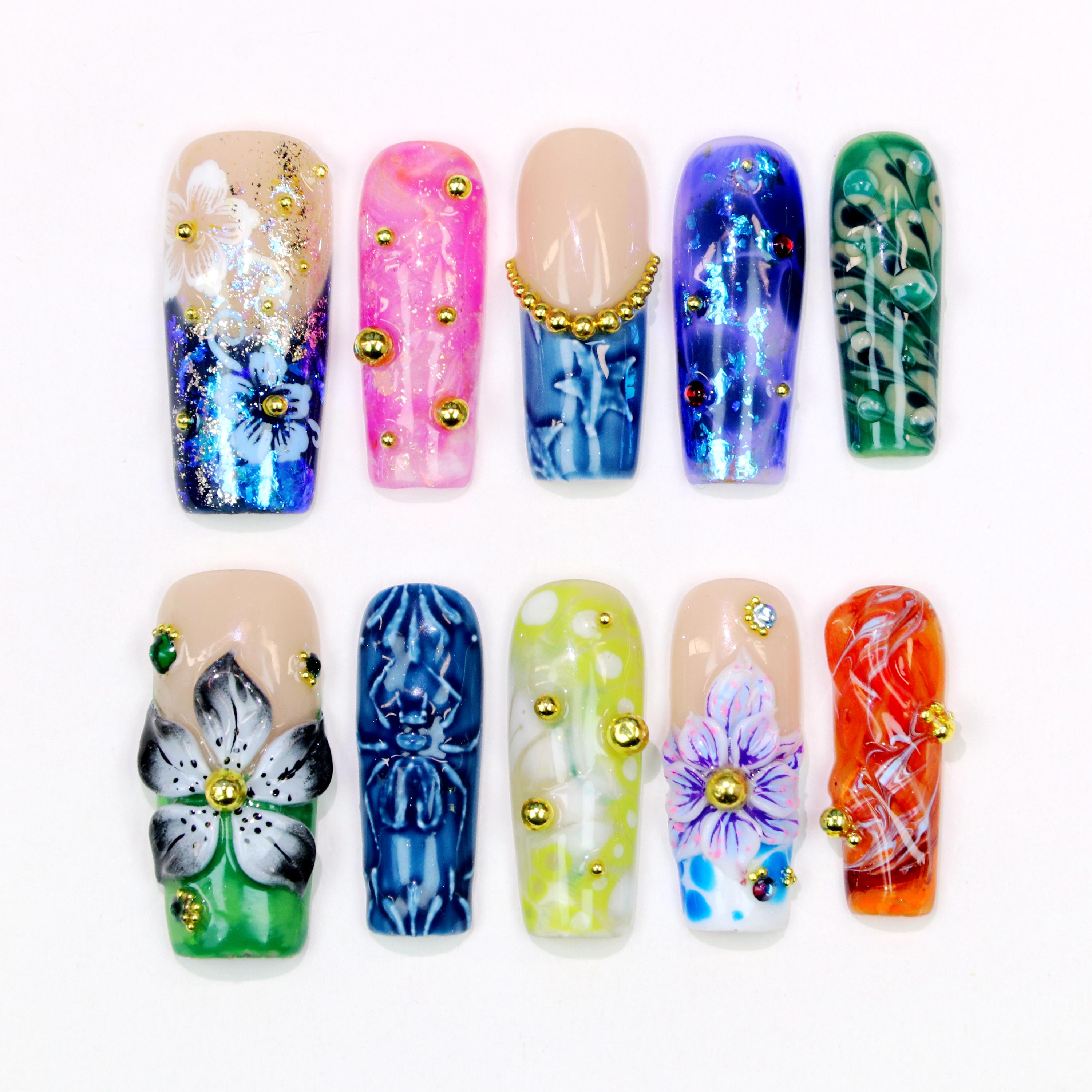 Abstract Press on Nails: 3D Ceramic Tile Nail Art, Summer Fake
