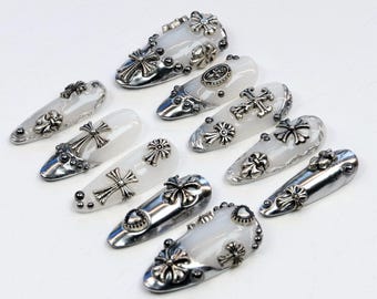 Chrome Silver Long Stiletto Press On Nails,3D Sea anchor,Cross Almond Acrylic Nails,Handpainted Gothic-inspired Fake Nail,Goth,Y2K Nail Art