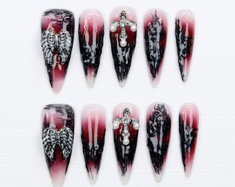 Gothic Stiletto Press On Nails: Red Black Chrome Accent Nail Art