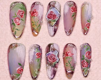 Unique Luxury Monet Inspired Press On Nails Nails,Custom hand painted Rose Floral Design nails,Wedding Art Nail Set,birthday gift for her