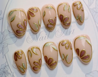 Hand Painted Floral Press On Nails: Gold Shimmer Stained Glass Nail Art