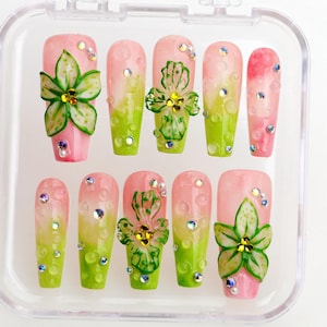 Unique 3D Flower Design Press On Nails,Handcrafted Luxurious pink Green Glitter Nails,Christmas and Holiday Nail, Free Style Floral Nail Art