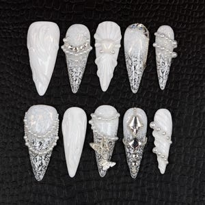 Elegant White Lace Press On Nails: Victorian Stiletto Bridal Nails
