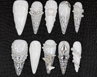 Elegant White Lace Press On Nails: Victorian Stiletto Bridal Nails