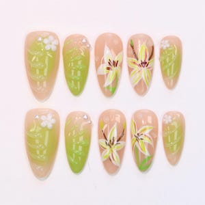 Hand-Painted Flower Press On Nails: Y2K Floral Almond Nail Set