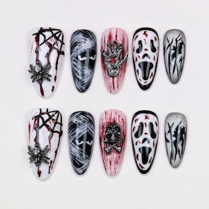 Hand-Painted Black Halloween Press On Nails: Spider Webs & Ghost Design
