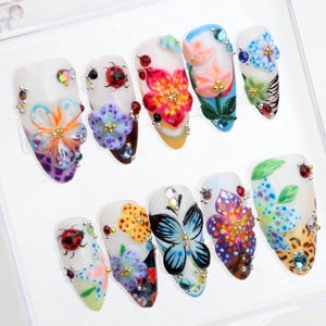 Colorful 3D Butterfly and Floral Press On Nails,Secret Garden Acrylic Nails,Handcrafted Luxurious Nails,3D Floral Nail Art Dreamy Nails