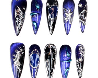 Gothic Metallic Stiletto Press On Nails: 3D Butterfly & Abstract Design, Dark Blue Black Nails