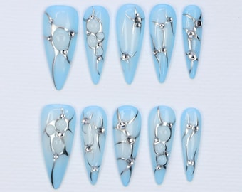 Elegant Stiletto Press On Nails: Gothic Silver Chrome 3D Design