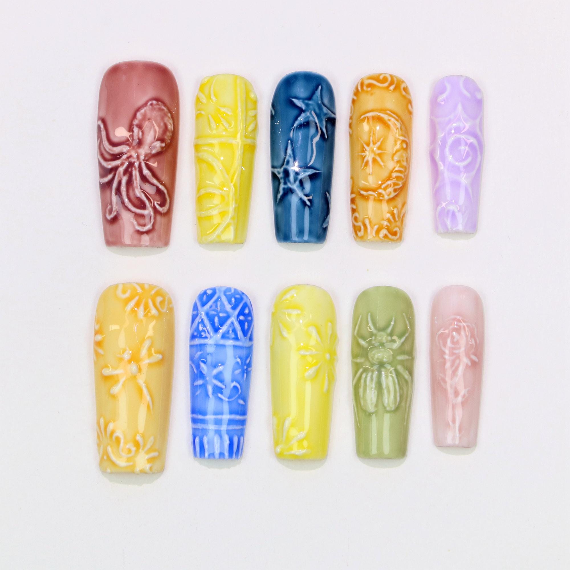 mfsix nail＊お値下げ不可ネイルパーツセット 多色 さまざまな形 3D Ceramic Tile Press on Nails: Abstract Sun & Moon Nail Art - Etsy