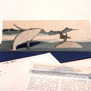 3 cartes pop-up en bois avec enveloppe – baleine