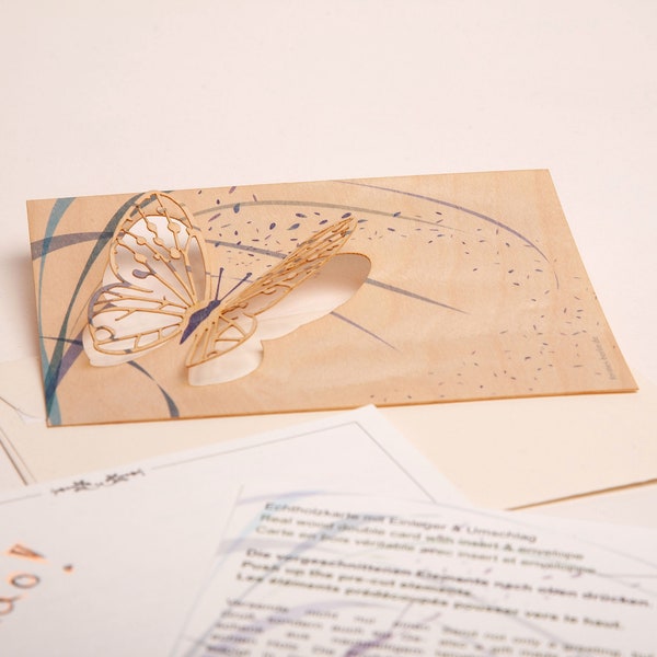 3 PopUp-Karten aus Holz mit Umschlag – Schmetterling