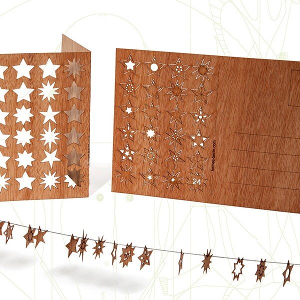 Postkarten aus Holz – 24 Sterne/Adventskalender 3er-Set
