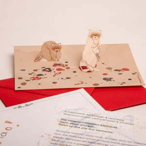 3 cartes pop-up en bois avec enveloppes – ratons laveurs