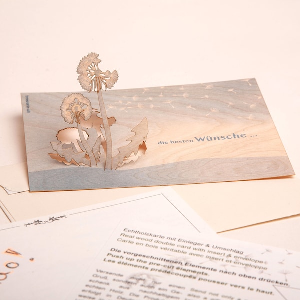 3 PopUp-Karten aus Holz mit Umschlag – Pusteblume