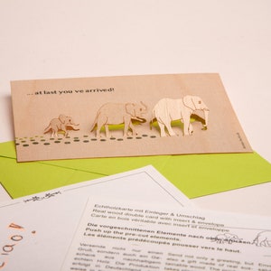 3 cartes pop-up en bois avec enveloppe – éléphant en anglais
