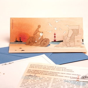 3 cartes pop-up en bois avec enveloppes - Vélo au bord de la mer