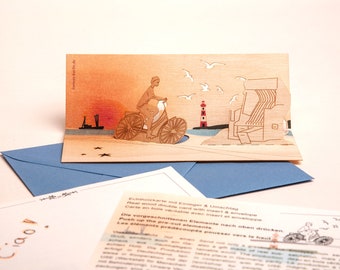 3 Wooden Pop Up Cards with Envelope – Bike by the sea