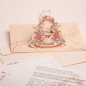 3 cartes pop-up en bois avec enveloppe – gâteau de mariage