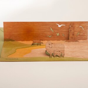 3 PopUp-Karten aus Holz mit Umschlag – Schafe auf Deich