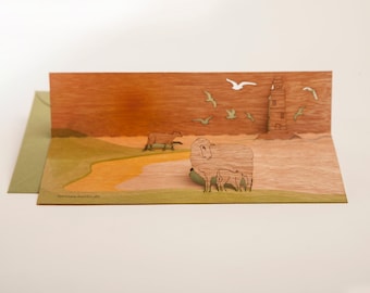3 Wooden Pop Up Cards with Envelope – Sheep on Dike