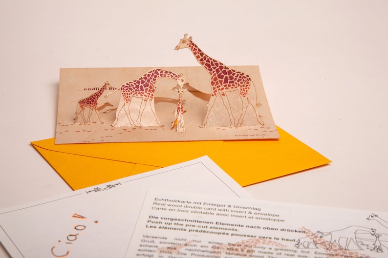 3 Wooden Pop Up Cards with Envelope Giraffe image 1