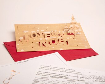 3 PopUp-Karten aus Holz mit Umschlag – Joyeux Noel