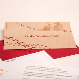 3 cartes pop-up en bois avec enveloppe – rennes & Père Noël en anglais