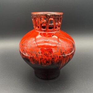 Vintage Evangeline New Brunswick Pottery Red Black Pierced Vase, Canadian MCM Art Pottery, REPAIRED