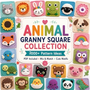 Puede incluir: Una colección de cuadrados de ganchillo con varios motivos de animales y naturaleza, incluyendo un gato, león, conejo, rana, oveja, flor, girasol, zorro, arcoíris, búho, tortuga, unicornio, oso, cerdo, erizo, mono, pollito, pulpo, panda y dinosaurio.