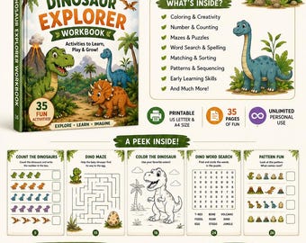 Libro di attività sui dinosauri / Attività didattiche sui dinosauri / Schede didattiche per la scuola materna / PDF per l'istruzione domiciliare / Età 4-7