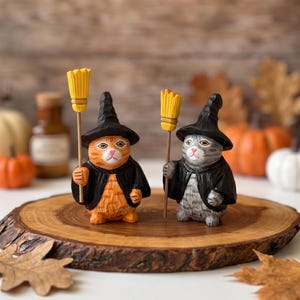 Handmade Whimsical Witch Cat Wood Figurine, Rustic Halloween Broom Kitty Carving, Spooky Fall Shelf Decor, Trick or Treat Gift for Kids