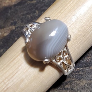 Simple Banded Grey Agate in Sterling Silver Ring - Size 9 3/4