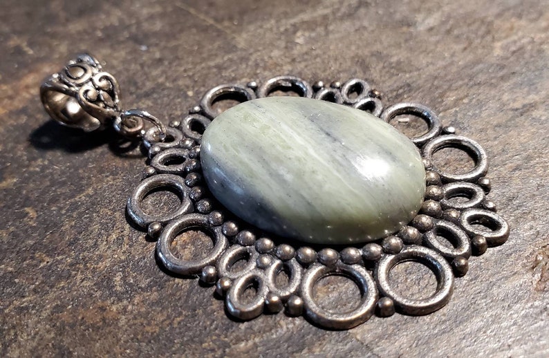 Green Line Gemstone Pendant in Antiqued Silver image 1