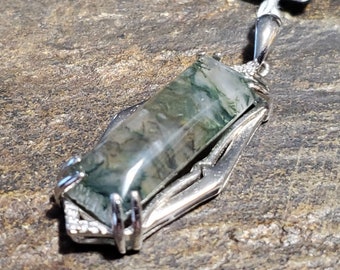 Rectangle Green Moss Agate Pendant with CZ Embellishing