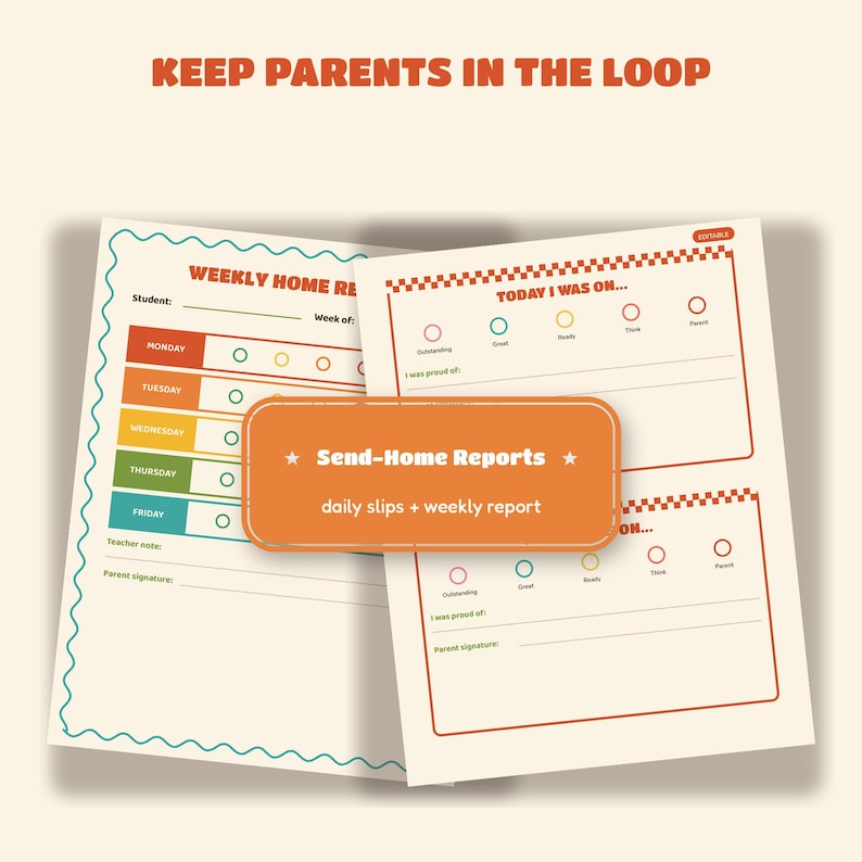 Pode incluir: Um conjunto de formul&aacute;rios de comunica&ccedil;&atilde;o escolar imprim&iacute;veis com o texto KEEP PARENTS IN THE LOOP e Send-Home Reports daily slips + weekly report. Os documentos incluem um relat&oacute;rio semanal com linhas coloridas e rastreadores di&aacute;rios.