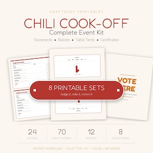 Könnte beinhalten: Ein Chili-Kochwettbewerb-Komplettset mit druckbaren Bewertungsbögen, Stimmzetteln, Tischaufstellern und Urkunden. Das Set enthält 8 druckbare Vorlagen, 24 Einträge, 70 Punkte, 12 Auszeichnungen und 8 Veranstaltungsschilder mit rotem und braunem Text.