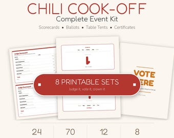 Kit imprimable pour concours de chili : fiches de notation pour les juges, bulletins de vote, numéros de table, certificats de récompense, panneaux pour la fête. Téléchargement instantané.
