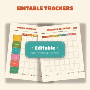 Pode incluir: Duas folhas de rastreamento de comportamento imprim&iacute;veis com fundo creme. Uma &eacute; um gr&aacute;fico semanal, a outra um calend&aacute;rio mensal. Ambas apresentam cabe&ccedil;alhos coloridos, grades para nomes e uma legenda com pontos coloridos para o progresso.