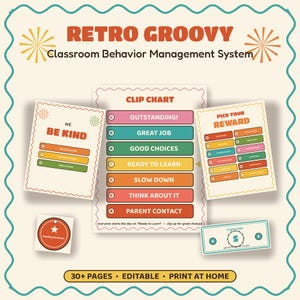 Könnte beinhalten: Ein Klassenzimmer-Verhaltensmanagementsystem mit einer Clip-Tabelle mit sieben farbcodierten Stufen, einem 'We Be Kind'-Poster, einer 'Pick Your Reward'-Liste, einem 'Reading Rockstar'-Anhänger und 'Class Cash'-Spielgeld im Retro-Stil.