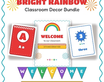 Kit de Decoração de Sala de Aula Arco-Íris Vibrante | Editável no Canva e Imprimível | Decorações para Sala de Aula do Ensino Fundamental | Kit de Mural para Volta às Aulas