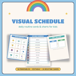 Könnte beinhalten: Ein visuelles Zeitplan-Set mit täglichen Routinekarten und Diagrammen für Kinder. Das Design umfasst einen Regenbogen, Sterne und den Text VISUAL SCHEDULE, daily routine cards & charts for kids, 14 PRINTABLES, EDITABLE, 24 ROUTINE CARDS.