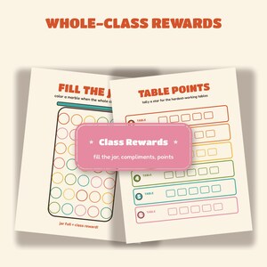 Pode incluir: Duas tabelas de recompensas educativas em papel creme. Uma folha apresenta um frasco com c&iacute;rculos para colorir, intitulado FILL THE JAR. A outra folha tem linhas para TABLE POINTS. Um ret&acirc;ngulo rosa exibe Class Rewards fill the jar, compliments, points.