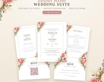 Modèles d'invitations de mariage rose poudré, suite d'invitations de mariage Canva modifiable, motif floral rose poudré, invitation imprimable avec informations RSVP, à télécharger