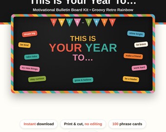 C'est l'année de la rentrée ! Tableau d'affichage 2026-2027 | 100 phrases pour décorer la classe | Kit rétro à imprimer | Téléchargement numérique