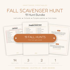 Könnte beinhalten: Ein digitales, druckbares Set mit dem Titel Fall Scavenger Hunt 19 Hunt Bundle, das Listen für Waldspaziergänge, Obstgärten, Kürbisfelder und Maislabyrinthe enthält. Das Set umfasst 14 Suchlisten, 3 Fotojagden, 2 Hinweisjagden und 1 Bucket-Liste.